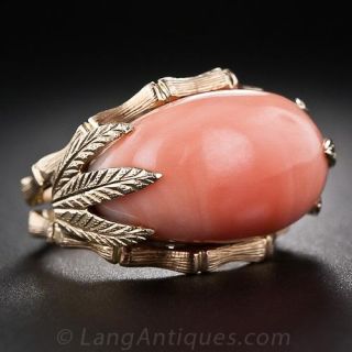 Vintage 14k Gold and Coral Ring with Bamboo Motif