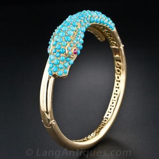 Vintage 18 Karat Gold and Turquoise Snake Bracelet