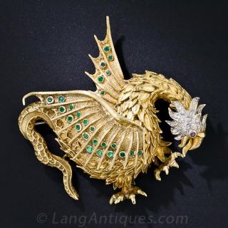 Vintage 18k Diamond and Emerald Cockatrice Brooch