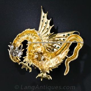 Vintage 18k Diamond and Emerald Cockatrice Brooch