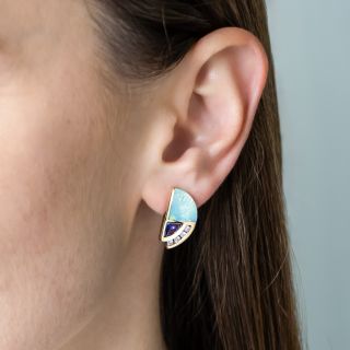 Vintage 1990s Kabana Tanzanite, Diamond and Opal Inlay Earrings