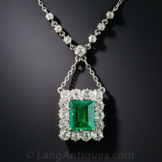 Vintage 2.97 Carat Emerald and Diamond Pendant Necklace - 1