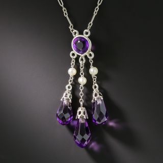Art Deco Amethyst and Seed Pearl Drop Necklace - 1