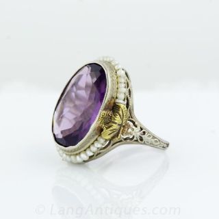 Vintage Amethyst and Seed Pearl Filigree Ring