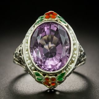 Vintage Amethyst Enamel and Seed Pearl Ring - 2