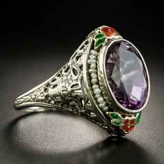 Vintage Amethyst Enamel and Seed Pearl Ring