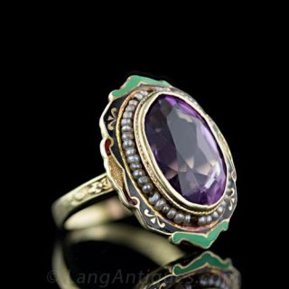 Vintage Amethyst, Enamel & Seed Pearl Ring