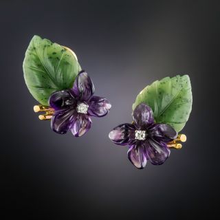 Vintage Amethyst, Nephrite and Diamond Flower Earrings by Birks - 1