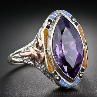 Vintage Amethyst Two-Tone Gold and Enamel Ring