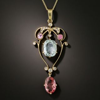 Vintage Aquamarine and Red Tourmaline Lavalière Necklace - 2