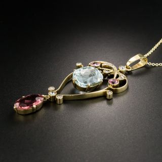 Vintage Aquamarine and Red Tourmaline Lavalière Necklace