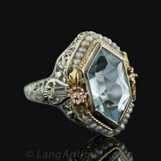 Vintage Aquamarine and Seed Pearl Filigree Ring