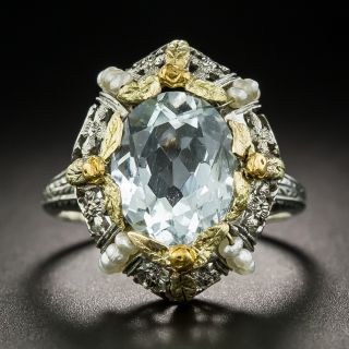 Vintage Aquamarine and Seed Pearl Ring  - 2