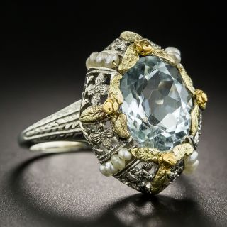 Vintage Aquamarine and Seed Pearl Ring 