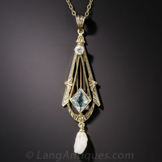 Vintage Aquamarine, Diamond and Pearl Drop