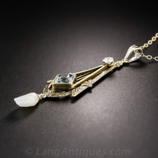 Vintage Aquamarine, Diamond and Pearl Drop
