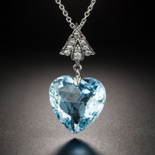 Vintage Aquamarine Heart Diamond Platinum Pendant - 3