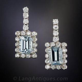 Vintage Aquamarine, Platinum and Diamond Earrings