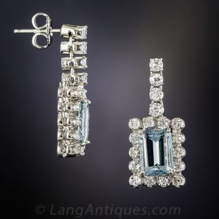 Vintage Aquamarine, Platinum and Diamond Earrings