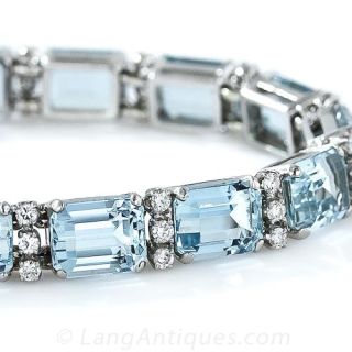 Vintage Aquamarine, Platinum and Diamond LIne Bracelet