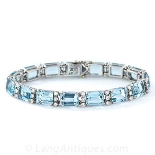 Vintage Aquamarine, Platinum and Diamond LIne Bracelet