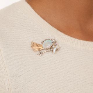 Vintage Bird and Chick Opal, Pearl and Diamond Brooch