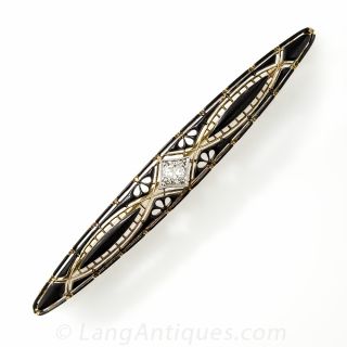Vintage Black Enamel and Diamond Bar Pin by Krementz