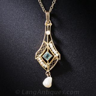 Vintage Blue Stone and Pearl Pendant