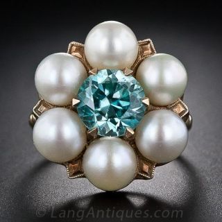 Vintage Blue Zircon and Pearl Ring