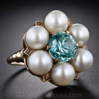 Vintage Blue Zircon and Pearl Ring