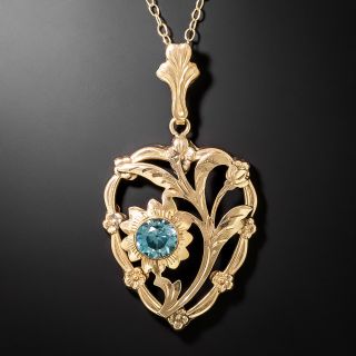 Vintage Blue Zircon Heart and Flower Pendant - 2