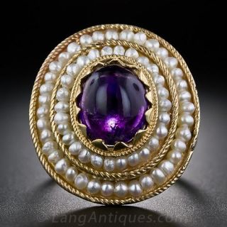 Vintage Cabochon Amethyst and Seed Pearl Ring