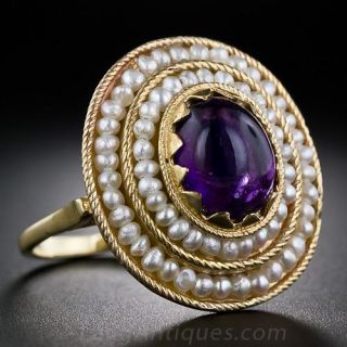 Vintage Cabochon Amethyst and Seed Pearl Ring