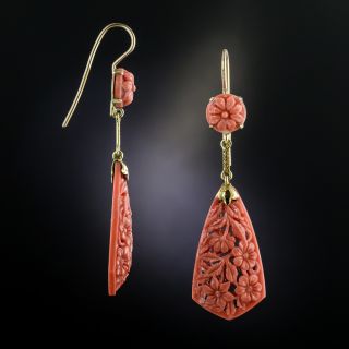 Vintage Carved Coral Drop Earrings - 2