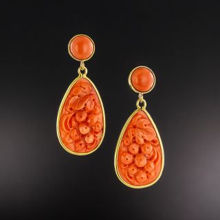 Vintage Carved Coral Drop Earrings - 2
