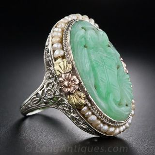Vintage Carved Jade and Seed Pearl Ring