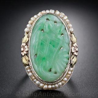Vintage Carved Jade and Seed Pearl Ring