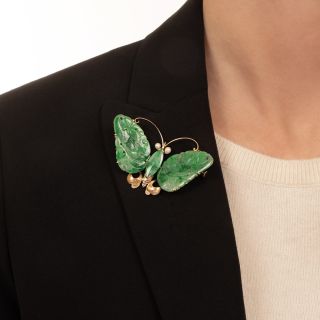 Vintage Carved Jade Butterfly Brooch 