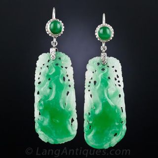 Vintage Carved Jade Drop Earrings - 1