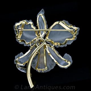 Vintage Cattleya Orchid Carved Rock Crystal and Diamond Brooch