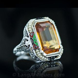 Vintage Citrine, Seed Pearl & Enamel Ring