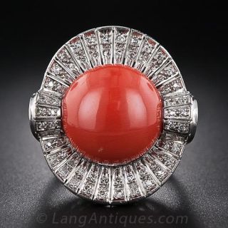 Vintage Coral and Diamond Cocktail Ring - 1