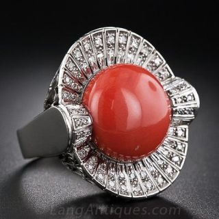 Vintage Coral and Diamond Cocktail Ring