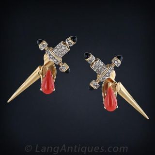 Vintage  Coral and Diamond Dagger Earrings