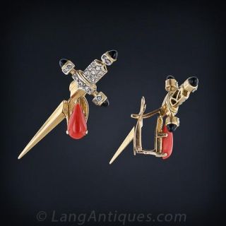 Vintage  Coral and Diamond Dagger Earrings