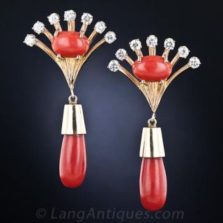 Vintage Coral and Diamond Drop Earrings