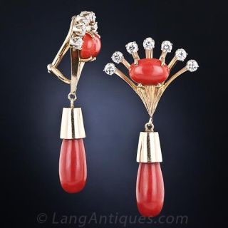Vintage Coral and Diamond Drop Earrings