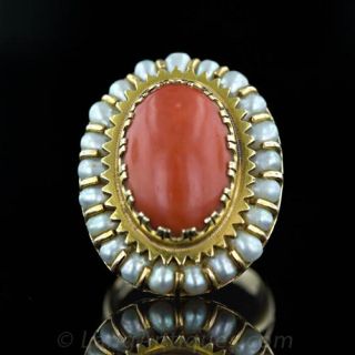 Coral and Cultured Pearl Ring Main View