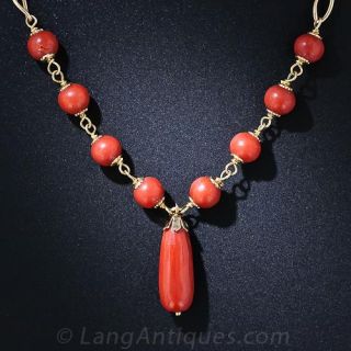 Vintage Coral Bead Drop Necklace