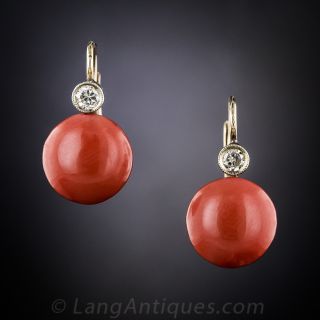 Vintage Coral Button Earrings with diamond 